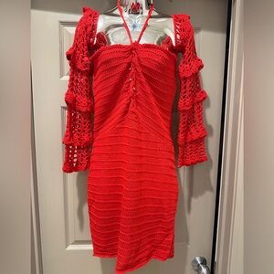 Women's Red Crochet Midi Dress with Bell Sleeves.